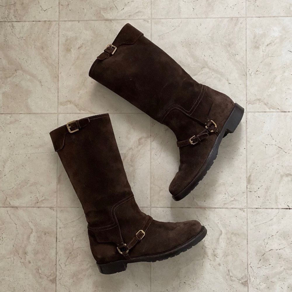 $1890 Ralph Lauren Collection Made in Italy Dark Brown Suede Tall Riding Boots 8